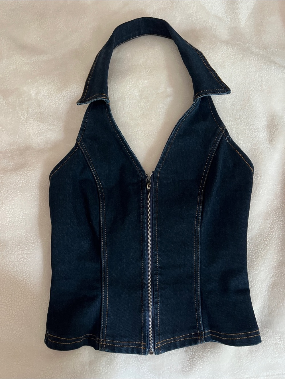 Altar’d State Dark Blue Denim Halter Zip-Front Women's Top